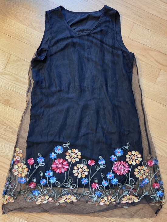 Dresses & Skirts - Black Sheer Sleeveless Slip Dress with Multi-Color Floral Embroidery